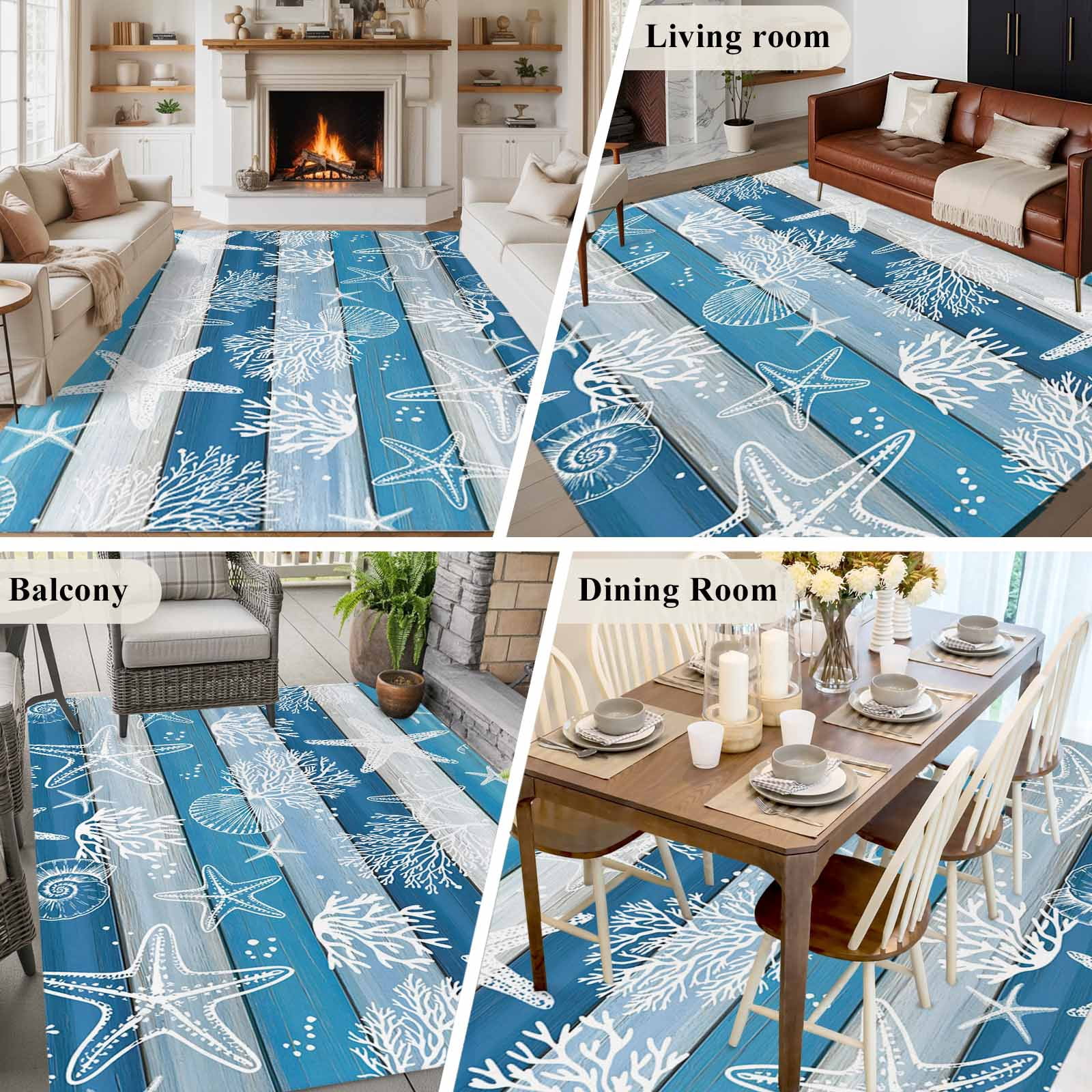 5'x7' Area Rugs for Living Room Bedroom, Blue Coastal Beach Washable Rug Carpet Runner Indoor Outdoor, Nautical Starfish Coral Vintage Wooden Non Slip Floor Mats Area Rug for Kitchen, Nursery