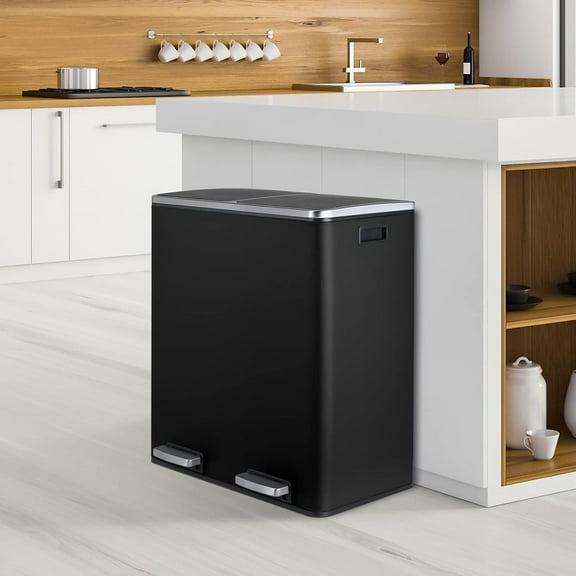 Arlopu 60 L/16 gal Dual Trash Can, Stainless Steel Garbage Can for Kitchen, Recycle Bin with Lid
