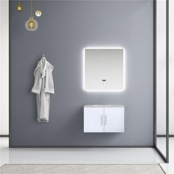 30 in. Geneva Single Bathroom Vanity, White Carrara Marble Top, White Square Sink & 30 in. LED Mirror - Glossy White