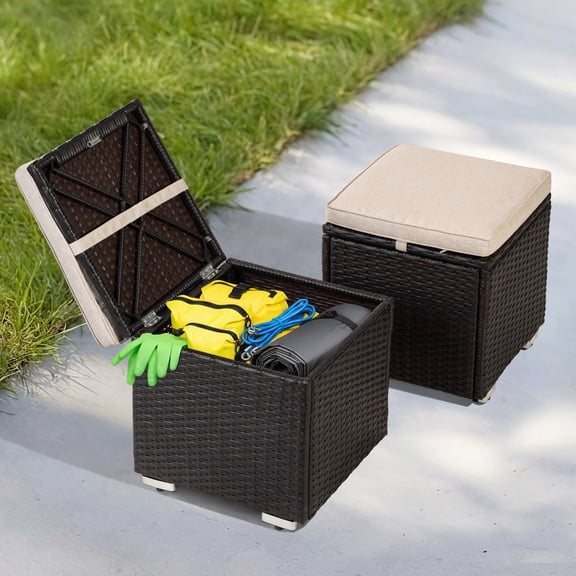 Nuu Garden 2-Piece Patio Ottomans Outdoor Wicker Side Tables, Multipurpose All-Weather Rattan Extra Seating Bench Footrest Footstool with Detachable Cushions and Hidden Storage, Black and Beige