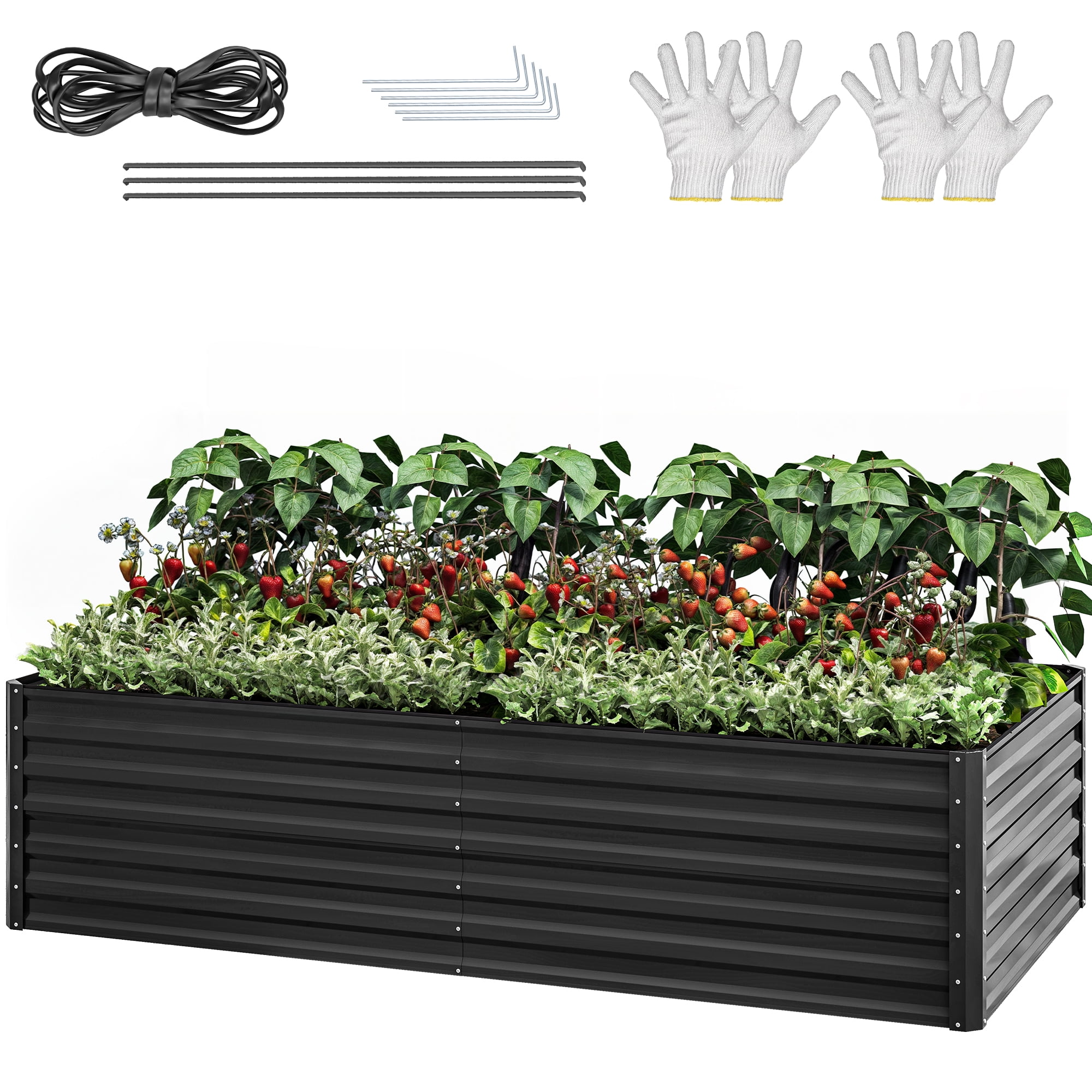 ModFusion 8×4×2 ft Raised Garden Bed Kit with Reinforcement Bars and Stakes, Corrugated Galvanized Steel Metal Planter Box, 479-Gallon Drainage, Large Backyard Plant Pot, Black
