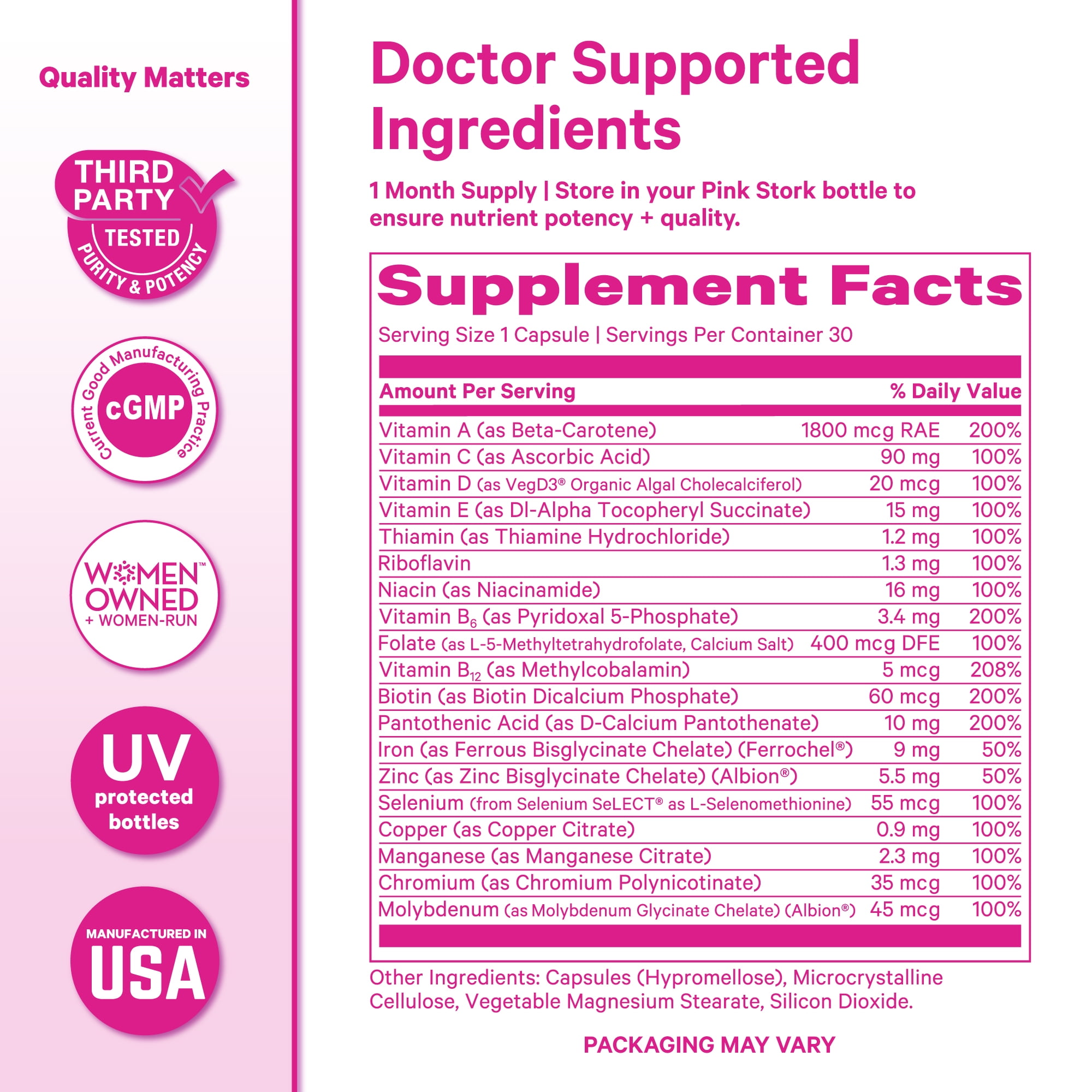 Pink Stork Women's Multivitamin with Folic Acid, Biotin, Vitamin D for Immune, Digestion & Energy - 60 Capsules