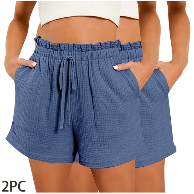 LOVZFMLL Femmes Décontracté Solide Confortable Bandage Taille Élastique Poche Nouvelle Mode Short Bleu TTG