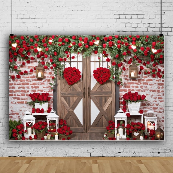 7x5ft Valentines Day Backdrop, Red Rose Backdrops for Photography,Brown Barn Door Decorations Banner,Red Floral Valentine Banner for Valentines Decorations