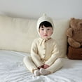 thumbnail image 5 of FYEGRE Wool Knitted Baby Bodysuit with Ribbed Waistband and Hooded Crawling Outfit for Boys and Girls 0-24 Months Beige 3-6 Months, 5 of 9