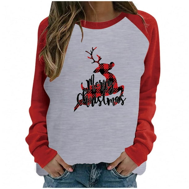 Camisas Navideñas Para Mujer, Camisetas de Manga Larga, Moda de Retazos, Cuello Redondo, Blusa Holgada Con Estampado de Otoño Odeerbi ODB198603