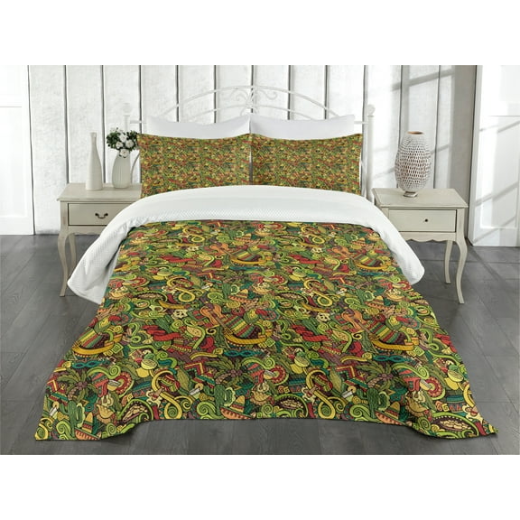Ambesonne Mexican Quilted Bedspread Set 3 Pcs, Cartoon Cultural Doodle, King Size, Multicolor