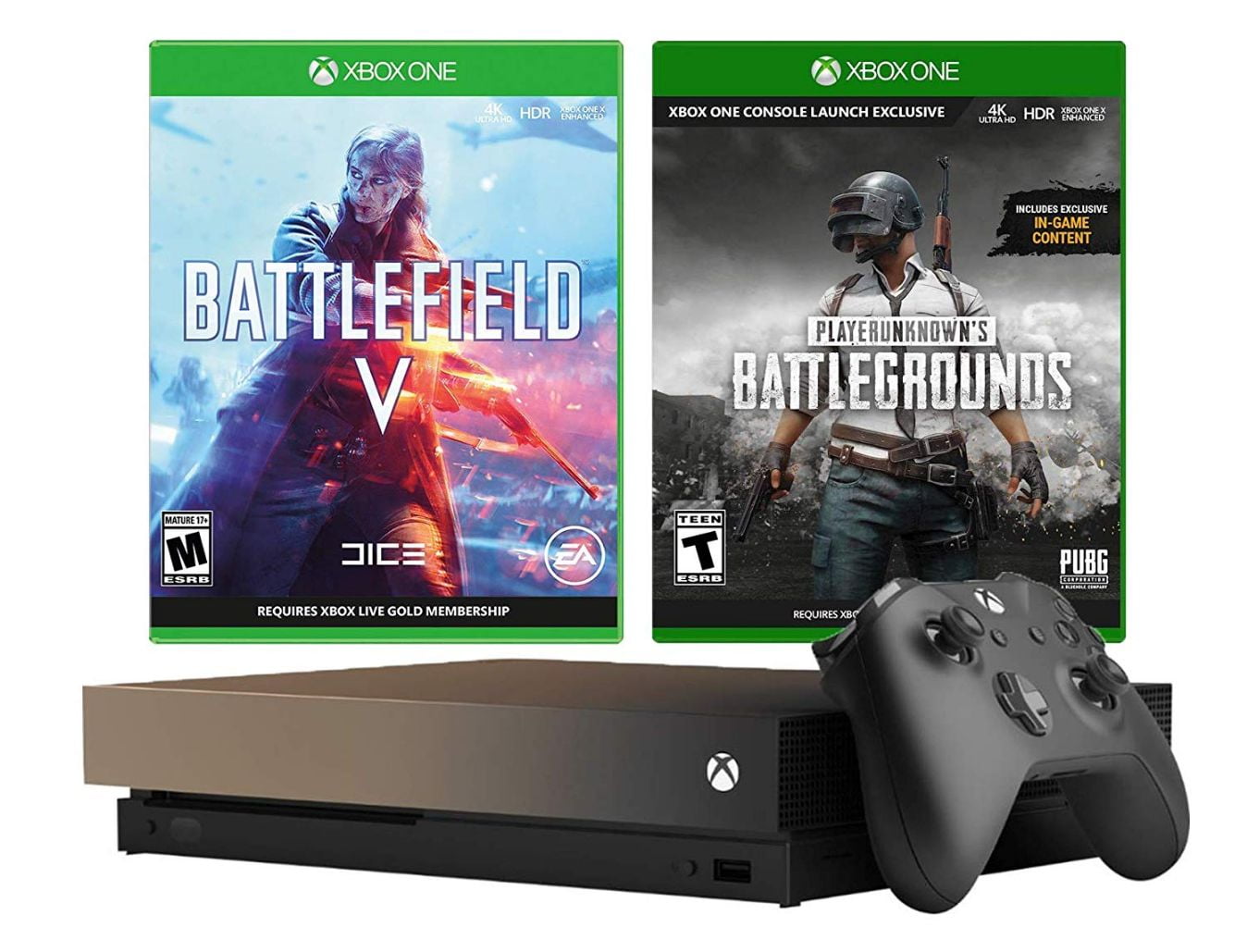 Aan het water groet Afhankelijk Xbox One X 1TB Gold Rush Battlefield V and PUBG Bundle: Battlefield V  Deluxe Edition, PlayerUnknown\'s Battlegrounds with 4K HDR 1TB Xbox One X  Gaming Console - Gray Gold - Walmart.com