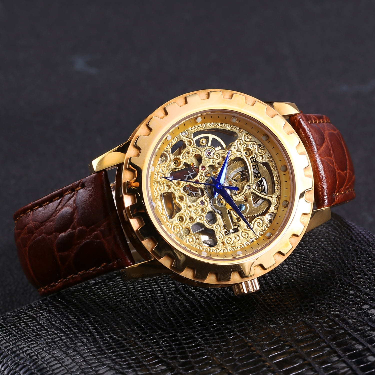 BERNY Automatic Watches for Men, Luxury Skeleton Mechanical Watch Self Winding Carved, Exhibition Caseback, Luminous, 5ATM Waterproof, Stainless Steel, Vintage Men's Leather Watch (Gold)