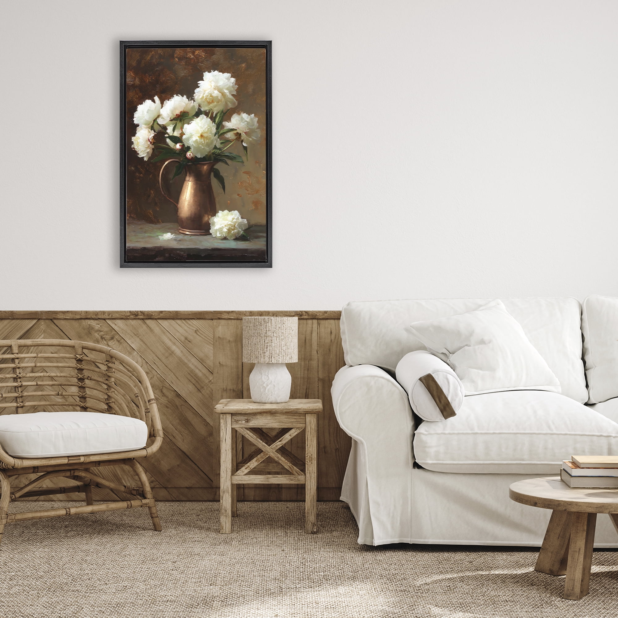 Stupell Industries Bronze Vase Peonies Black Framed Floater Canvas Wall Art, design by Petal Prints Design