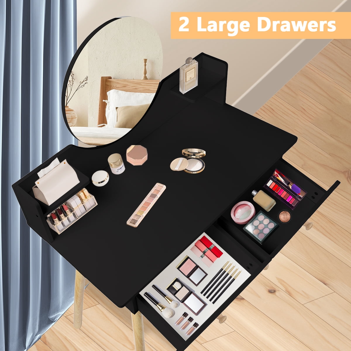 SIMANLI Black Vanity Desk Set with Mirror, Modern Makeup Vanity Dressing Desk with 2 Drawers & 2 Shelves (Without Stool)