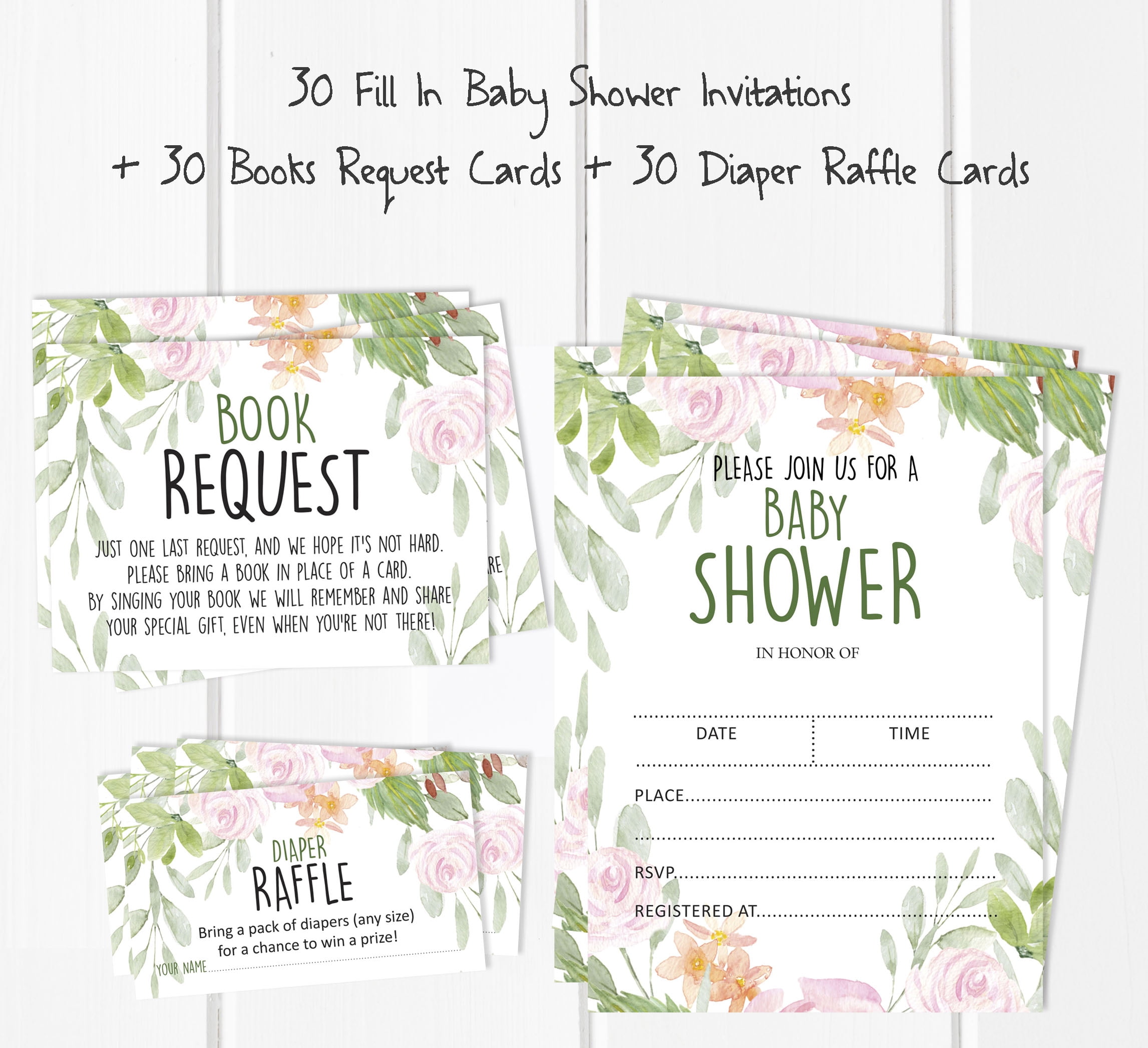 Inkdotpot Set Of 30Floral Baby Shower Invitations-Diaper Raffle Tickets And Baby Shower Book Request Cards Gender Neutral Invites Its A Boy Its A Girl