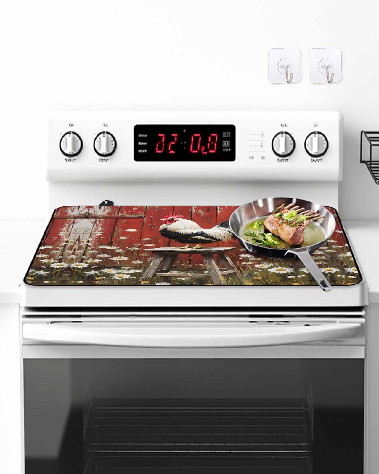 Stove Top Covers for Electric Stove, Red Rooster Kitchen Glass Ceramic Electric Cooktop Covers 36"x21", Farmhouse Animals Spring Floral Rustic HeatResistant Oven/Countertop/Dishwasher/Sink Protector