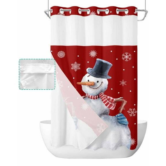 No Hook Shower Curtain with Snap in Liner, Christmas Smile Snowman Cardinal Bird Red Texture Hotel Shower Curtains for Bathroom, Washable Shower Curtain Liner Set with Mesh Top Window, 36"x78"