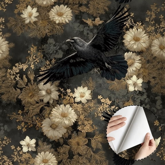 Gothic Crow Floral Wallpaper, Vintage Botanical Flower Wall Decor, Peel and Stick Waterproof SelfAdhesive Vinyl for Bedroom Living Room Kitchen Cabinet Drawer 17.7 * 118 in