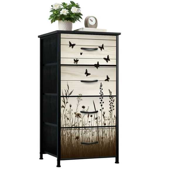 Dresser for Bedroom with 4 Storage Drawers Wildflower Autumn Butterfly Dandelion Vintage Wooden Board Butterflies Dressers Chest of Drawers Steel Framed Fabric Closet Organizers for Entryway