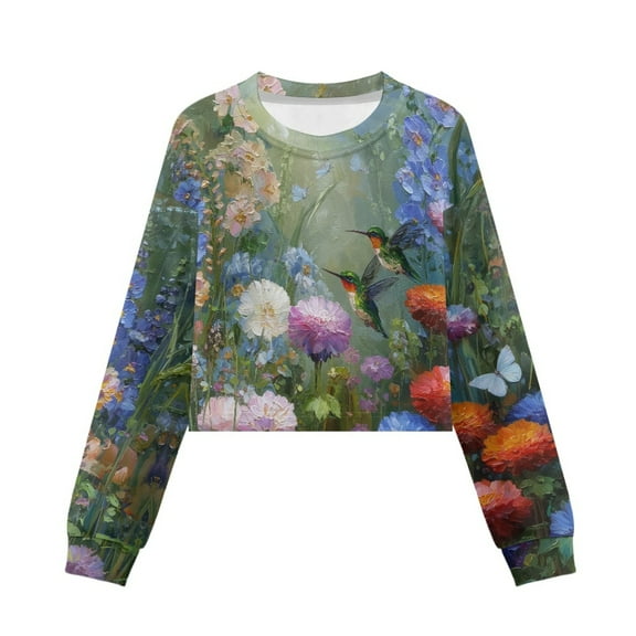 Xoenoiee Hummingbird Butterfly Flower Print Kids Crop Tops Long Sleeve Sweatshirt Casual Round Neck T-Shirt Trendy Loose Sports Pullover for Girls, 5-6 Years