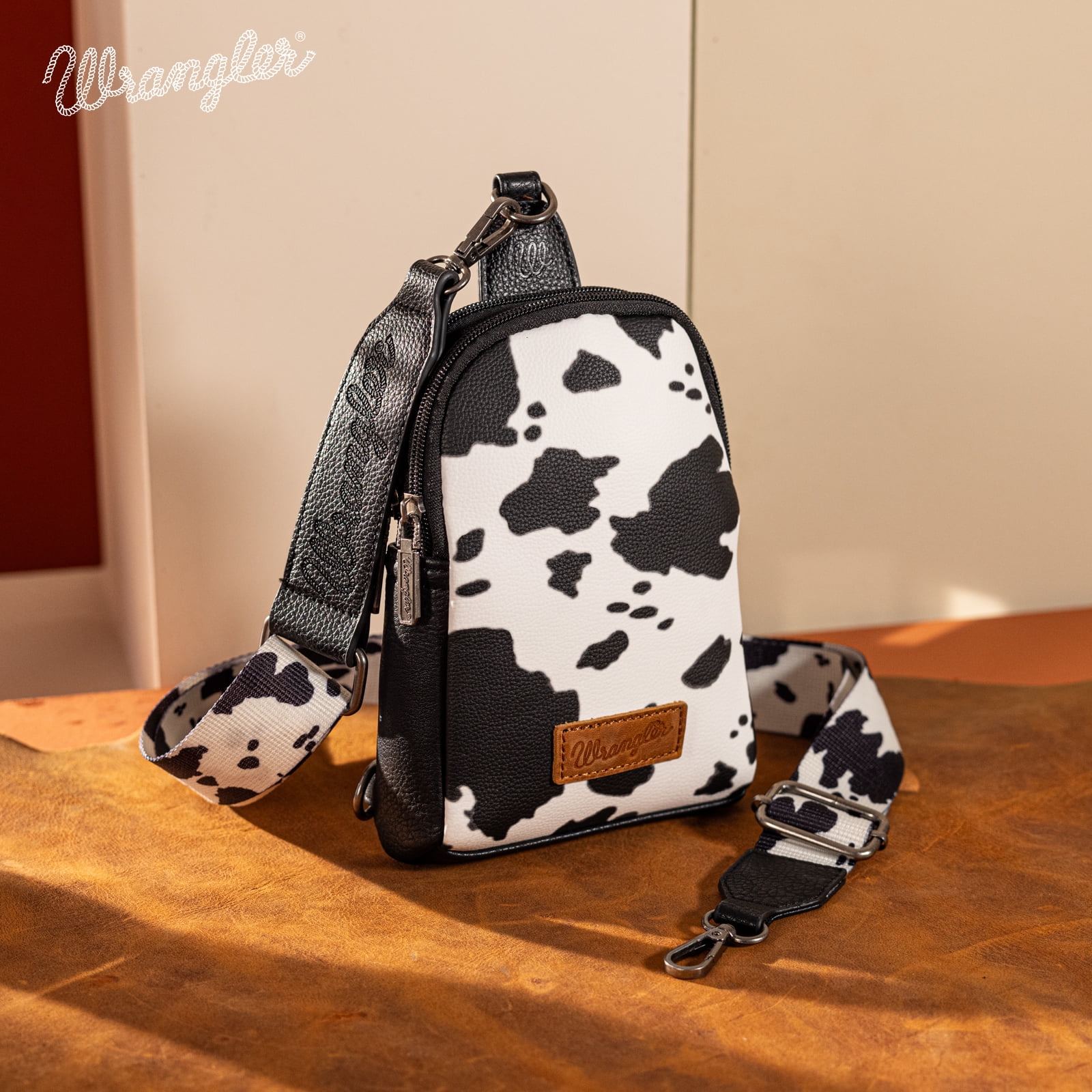 Wrangler Cow Print Crossbody Bags for Women Western Sling Bag with Adjustable Starp Cross Body Purse, Black