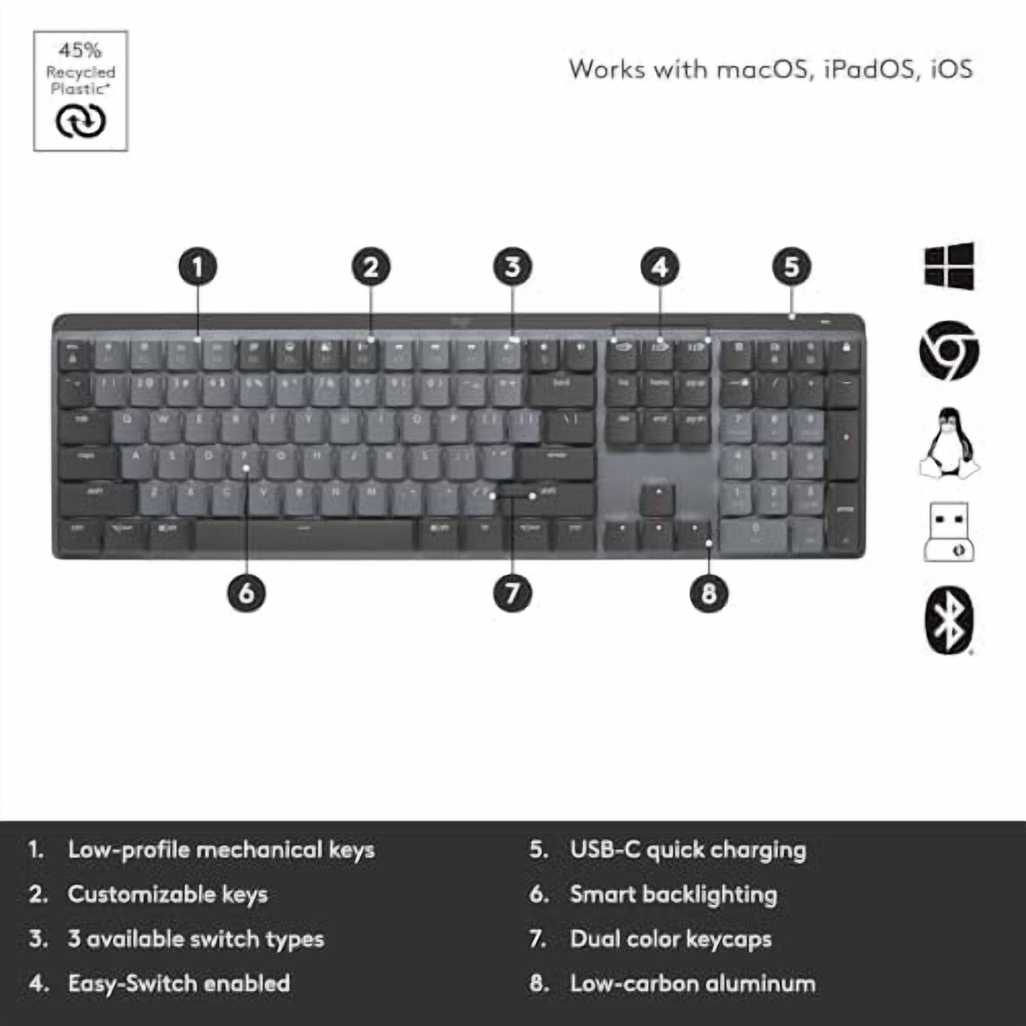 Logitech MX Mechanical Wireless Keyboard - Tactile Quiet, Backlit, Bluetooth & USB-C (Graphite)