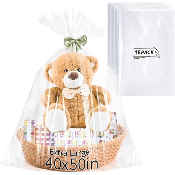15 pcs Extra Large Cellophane Gift Bags 40x50 Inch Wrap for Big Plush Toys Suitcase Car Seats 2.5 Mil Thick
