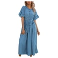 thumbnail image 2 of Drppepioner Robe d'Été pour Femme à Manches Courtes, Robe T-Shirt Décontractée 2024 Fluide de Plage à Col en V, Robes Soleil avec Poches, Mode Femme, Automne, Robe à Boutons à Manches Courtes à Col Rond, Bleu, 2 of 5
