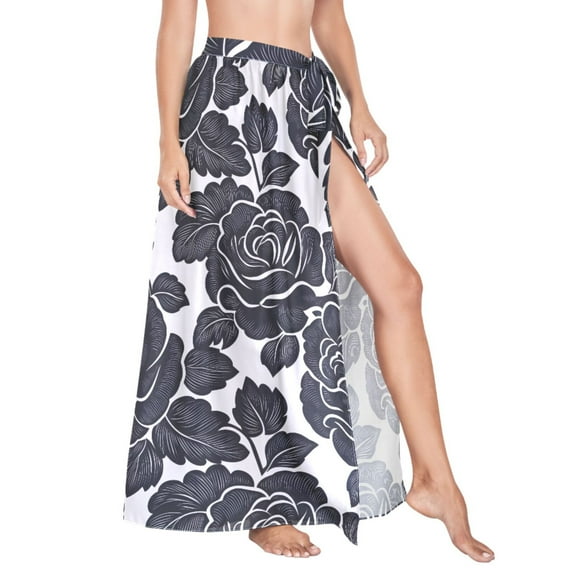 Women Sarong Wraps Roses Black Swimsuit Beach Pareo Bikini Coverups Skirt M
