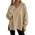 thumbnail image 2 of WIZUTIZ Women's V-Neck Side Slit Long Sleeve Sweatshirt Casual Fall Fashion Pullover Solid Color Polyester Blend Trendy Top, 2 of 7