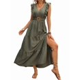 thumbnail image 3 of Women's Cap Sleeve Neck Ruched Waist Guest Dresses Maxi Dress for Summer Wedding Cocktail Green S, 3 of 10