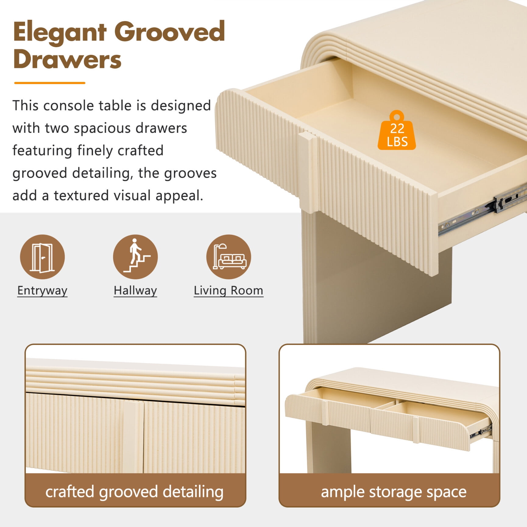 Smooth Surface Console Table, Unique Modern Rounded Silhouette  Table Console with 2 Drawers, Tall Console Table for Living Room and Entryway, Apricot Cream