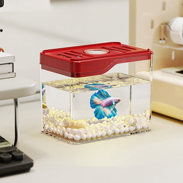 COM1950s Mini Aquarium with LED Light, Compact Plastic Fish Tank for Small Fish, Clear Desktop Bowl for Home Office Decor