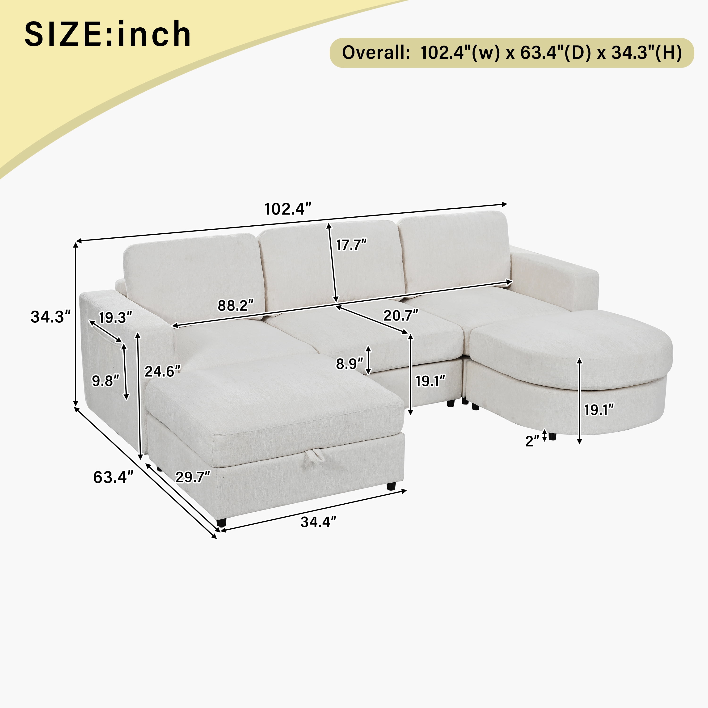 Wakefit 102.4" U-Shaped Sectional Sofa with Storage Ottoman & Curved Chaise,Modern Chenille Modular Couch with Drop-Down Console,Built-in Cup Holders & Side Pockets for Living Room,Beige