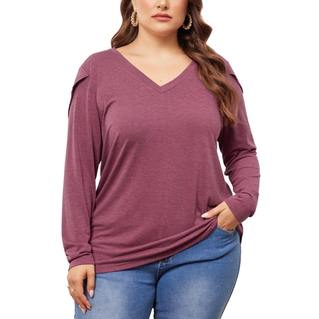 GRACE & GRANDEUR Blusas Tallas Grandes para Mujeres de Manga Larga con Escote en V Camisetas Casual