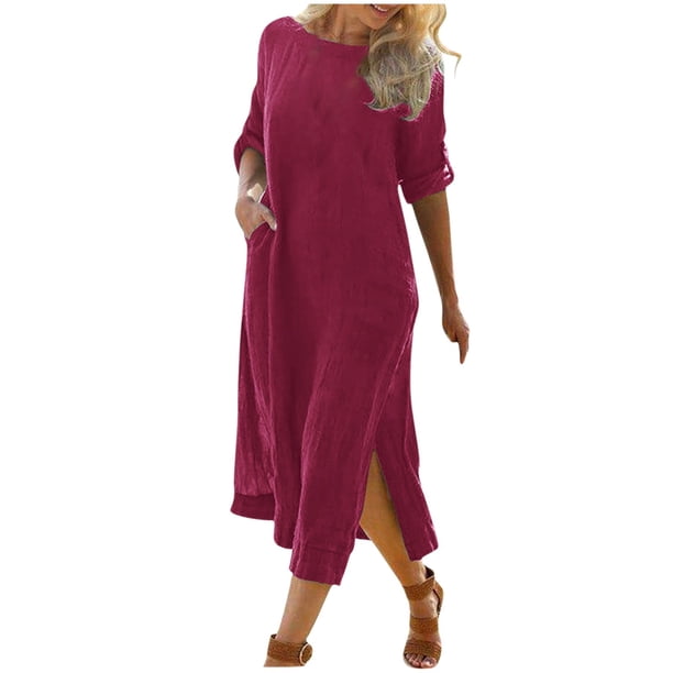 Vestidos Para Mujer Maxi Vestido de Moda Color Sólido Cuello Redondo Manga Media Vestido de Lino de Algodón Odeerbi ODB155970