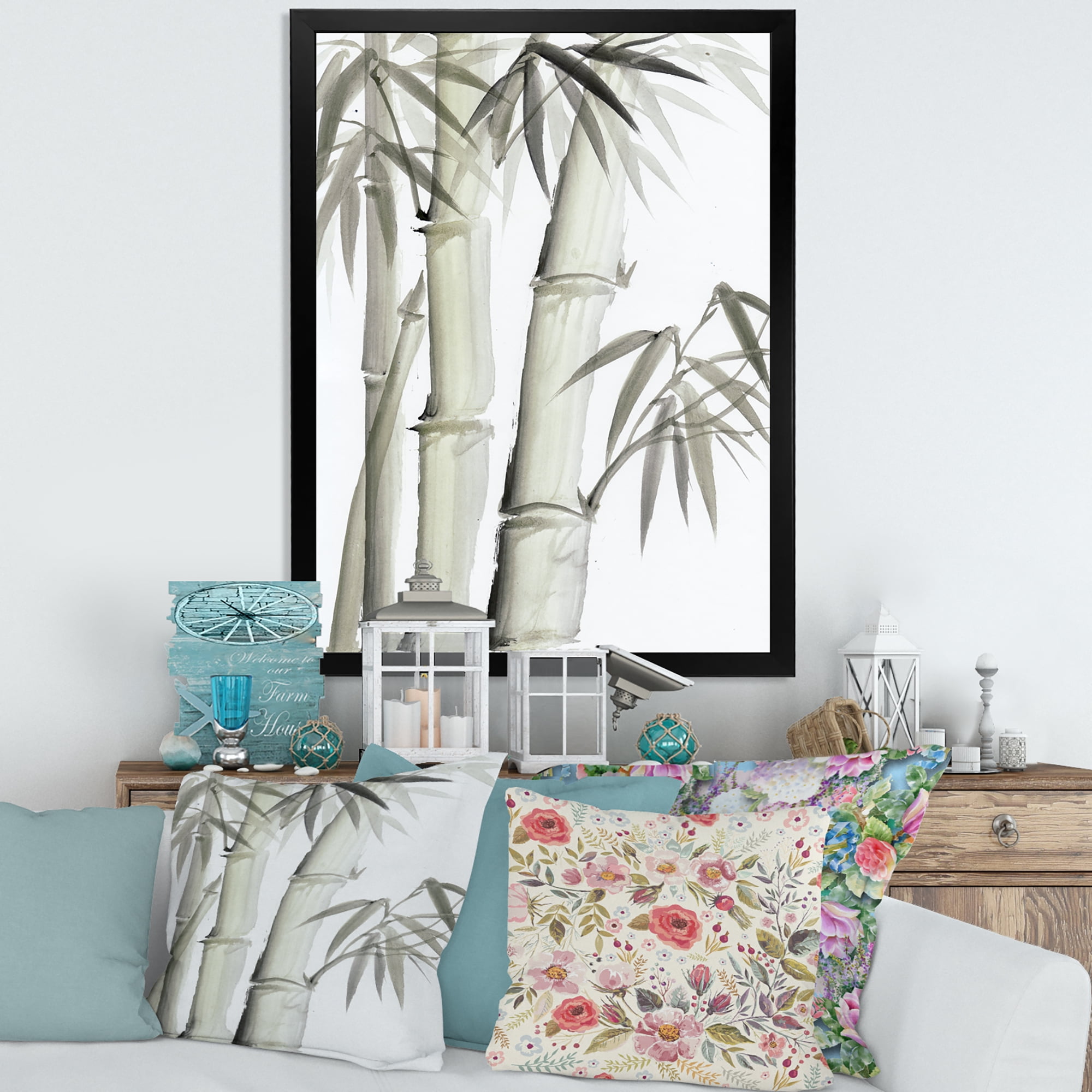 Designart 'Vintage Black and White Bamboo V' Lake House Framed Art Print