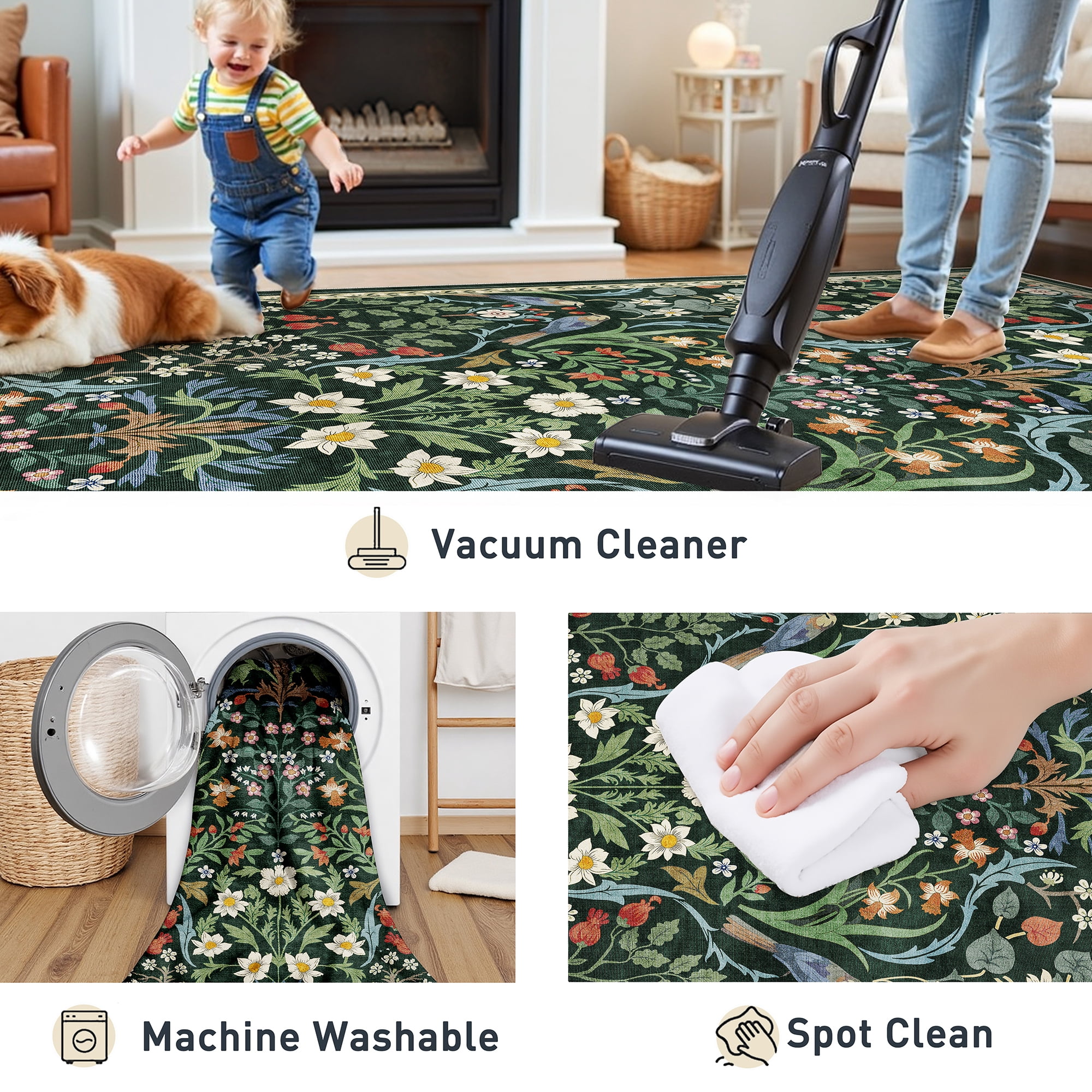 BERTHMEER 8'x10' Area Rugs Washable Non Slip Floral Carpets for Living Room Bedroom Kitchen Office Large Rugs Vintage Green Farmhouse Dining Room Oriental Flower Rugs, Multicolor