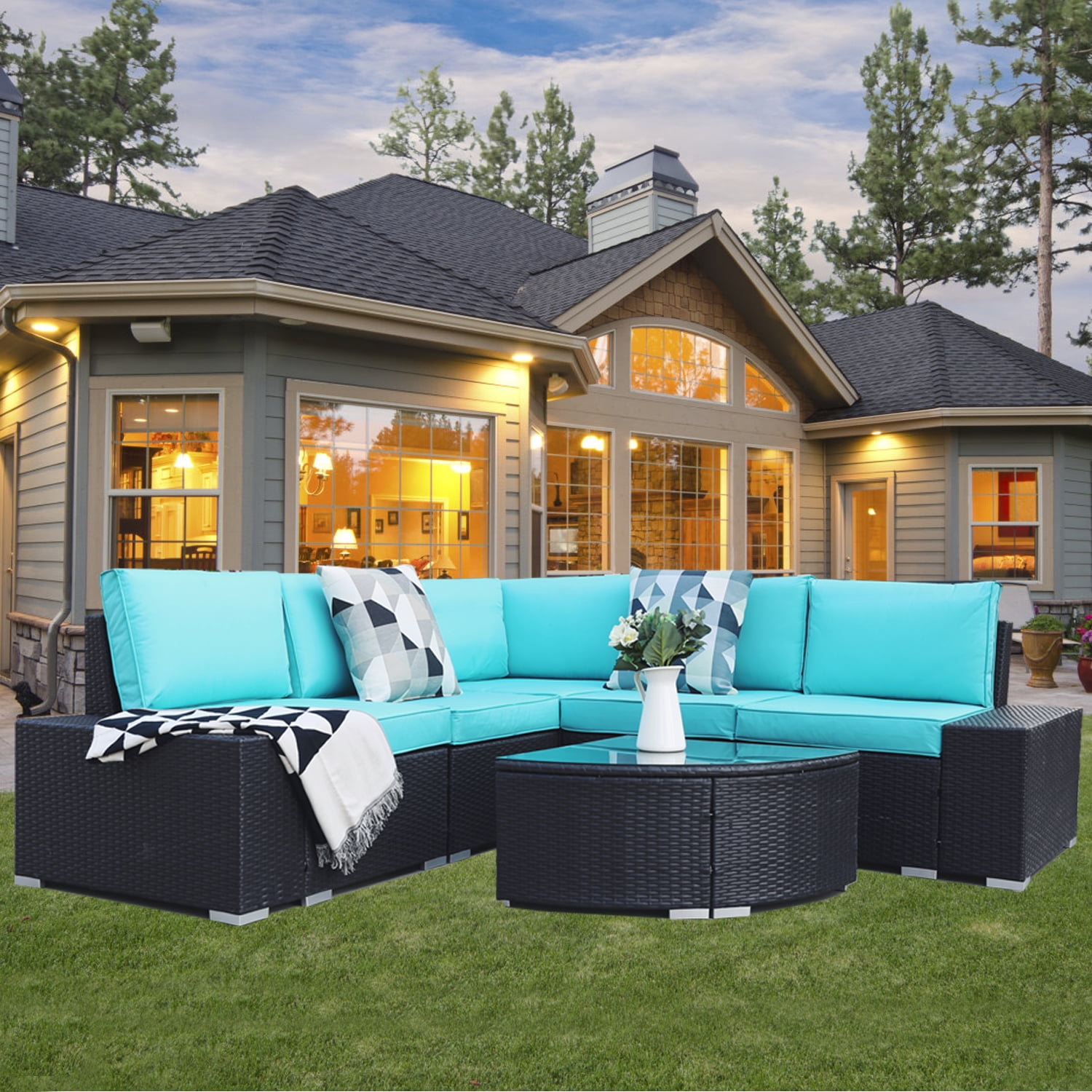 UHOMEPRO 6 Piece Patio Wicker Sofa Set, Outdoor furniture ...