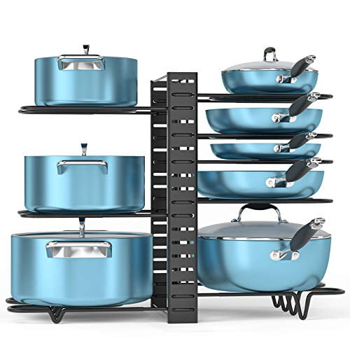 Great as a Gift Storlux Pots and Pans Organizer Space Saving Lid Pot and Pan Organizer Rack for Cabinet & Countertop Adjustable 8-tier Cookware Holder whit 3 DIY Methods 