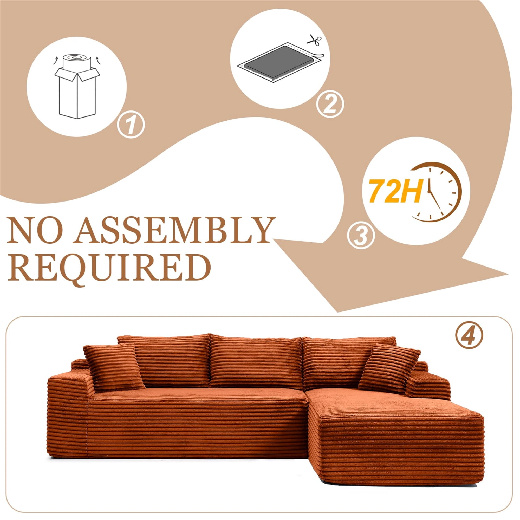 Aukfa 105" Cloud Sectional Sofa Boneless Couch Modular Sofa Bed for Living Room, 2Pillows, Right Chiase, Corduroy, Orange