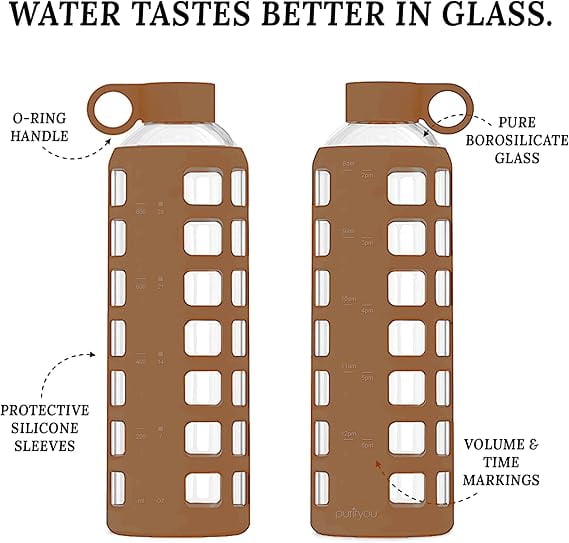 purifyou Borosilicate Glass Water Bottles, 40/32/22/12 oz Reusable Drinking Bottle with Time & Volume Markings Silicone Sleeve & Stainless Steel (40oz Iced Coffee)