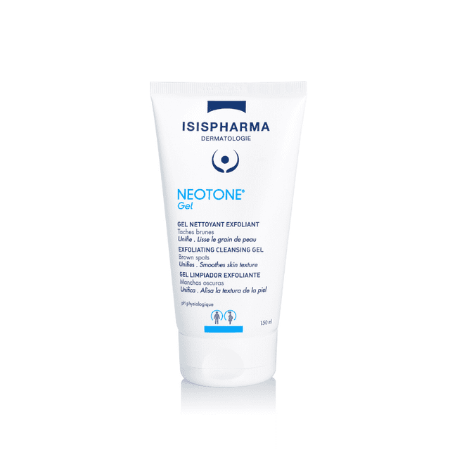 isis pharma / neotone gel 40ml gel limpiador exfoliante en tubo blanco frontal con texto azul y negro, marca Isispharma y logo; indicado para limpieza y exfoliación facial y de manos, formato compacto de 40 ml, a menudo usado para tratar manchas localizadas.