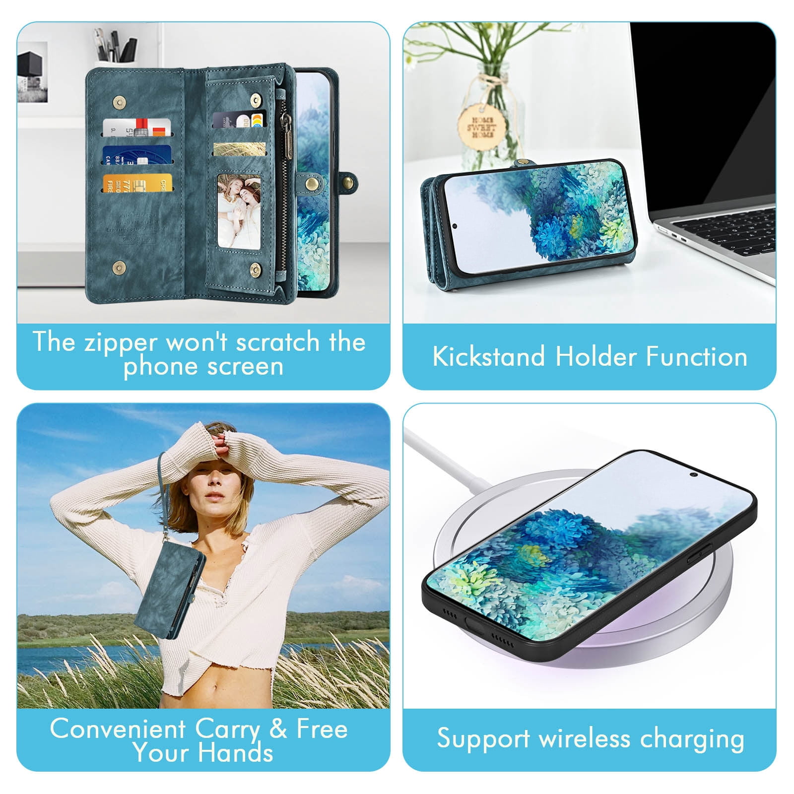 Asuwish Phone Case for Samsung Galaxy S20 5G 6.2 inch Zipper Wallet Detachable Cell Cover with Tempered Glass Screen Protector Crossbody Lanyard Strap Flip Card Holder S 20 20S UW S2O G5 Women Blue
