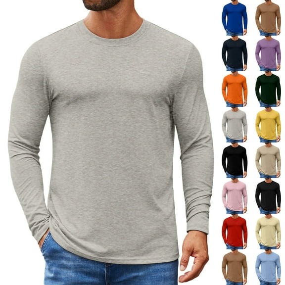 Fabrcox Fall Spring S-3xl Mens Shirts Casual Crew Neck Solid Color Trendy Long Sleeve Basic Tee Casual Lightweight Pullover T-Shirt Pink 2XL
