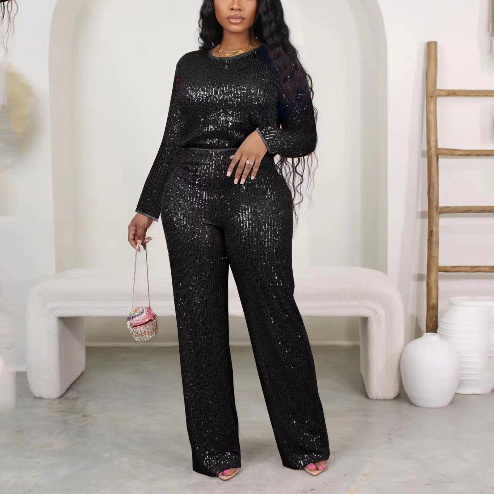 Womens Petite Lounge Sets 2 Piece Outfits Fall Linen Outfits Women 2 Piece Plus Women's Solid Color Sequin Fashion Suit Comfortable Casual Long Sleeve Pants Two-piece Set