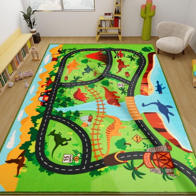 Kids Carpet Playmat Rug,200X150 CM Dinosaur Car Rugs for Kids Toy Cars,Non Slip Dino Safari Road Map Kids Rug for Playroom Bedroom Boys,Kids Play Mat Road Rug,Track Rug Car Play Carpet for Kids