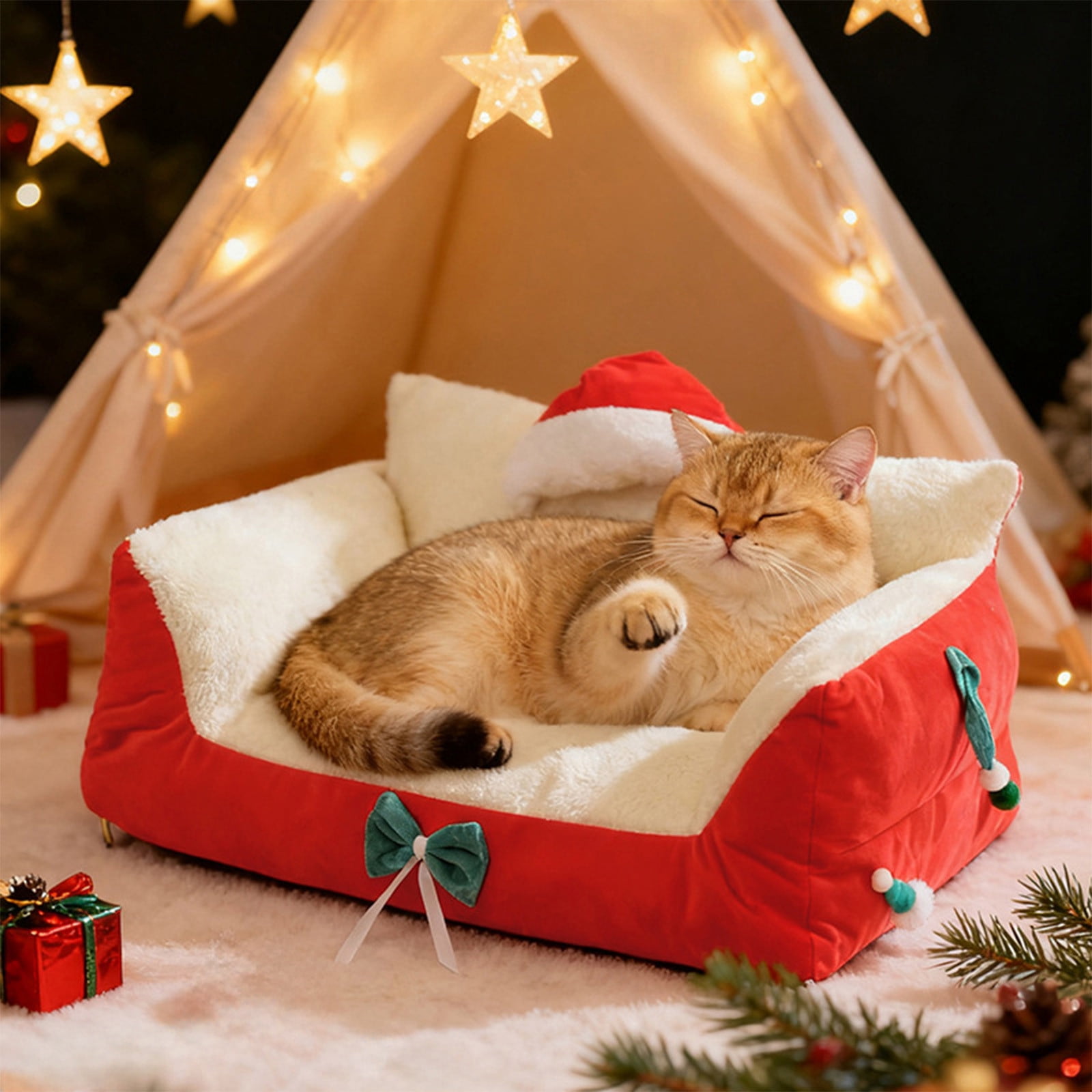 AuroraX Small Cat Bed Cute Self Warming Warm Christmas Cat Bed Warm Cozy Soft Anti-Slip Plush House for Indoor Cats Kittens and Small Dogs(Red)