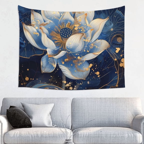 Hirioo Blue Golden Dream Lotus Print Tapestry Lightweight Fabric for Bedroom Aesthetic Home Wall Dorm Décor Living Room Decor 29x37 Inch
