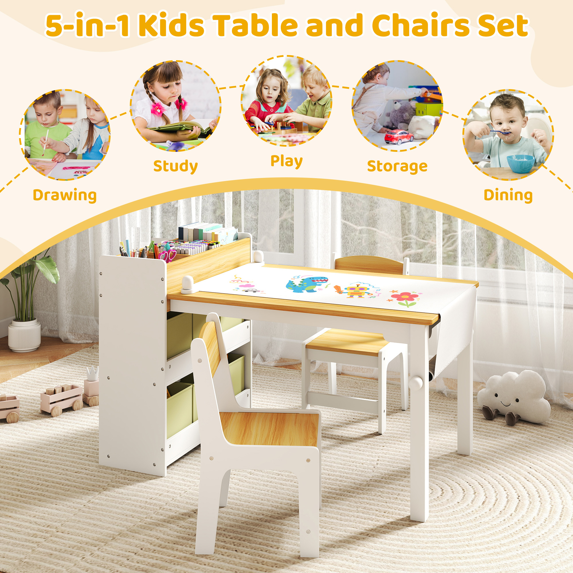 Kids Art Table and Chair Set with Storage Bins & Paper Roll, Toddler Activity Desk for Drawing Play Learning，Natural