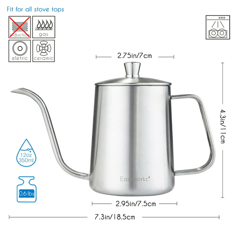 Pour Over Kettle Gooseneck Long Narrow Drip Spout Coffee Tea Pot (12 oz) - Black, 350ml