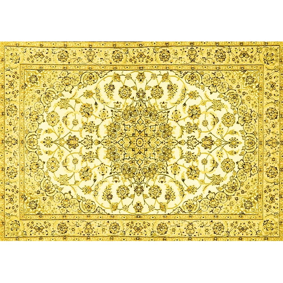 Ahgly Company Machine Washable Indoor Rectangle Medallion Yellow Traditional Area Rugs, 3' x 5'