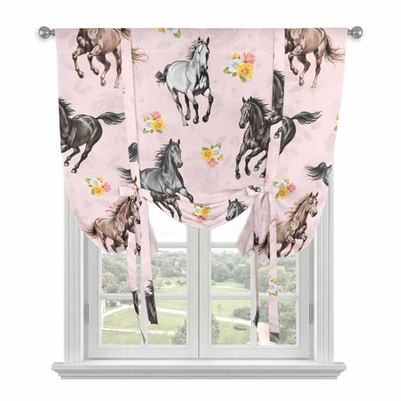 Spring Flowers Tie Up Curtains for Windows, Adjustable Balloon Window Shades, Black Brown White Horse Country Pink Kitchen Window Treatments Adjustable Roll Up Curtain for Basement/Nursery 52"x45"